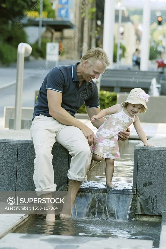 City, well-installation, father, daughter, barefoot, water, stands, cheerfully, omitted, series, people, man, 40-50 years, child, 2-5 years, girls, su...