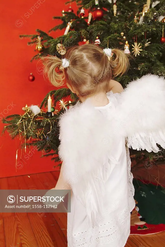 Christmas, child, girls, braids, little dress, angel-wings, back-opinion, ´Christmas-angels´, Christian-tree, people, toddler, 2-4 years, wings, outfi...