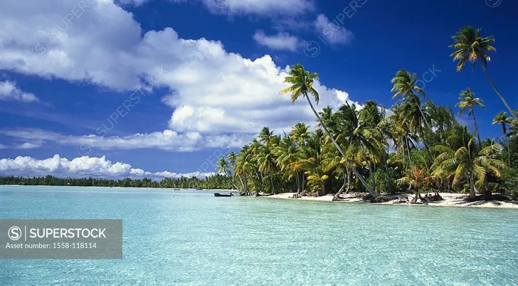 French-Polynesia, Iles de la Societe islands under the wind island Bora-Bora lagoon reef-island ´Motu´, palm-beach, South sea, Ozeanien, South Sea*-is...