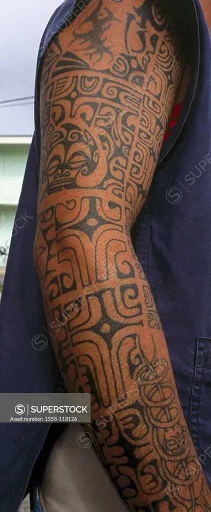 French-Polynesia, Iles de la Societe islands under the wind island Huahine Polynesians detail, arm, tattoo, South sea, Ozeanien, South Sea*-islands, s...