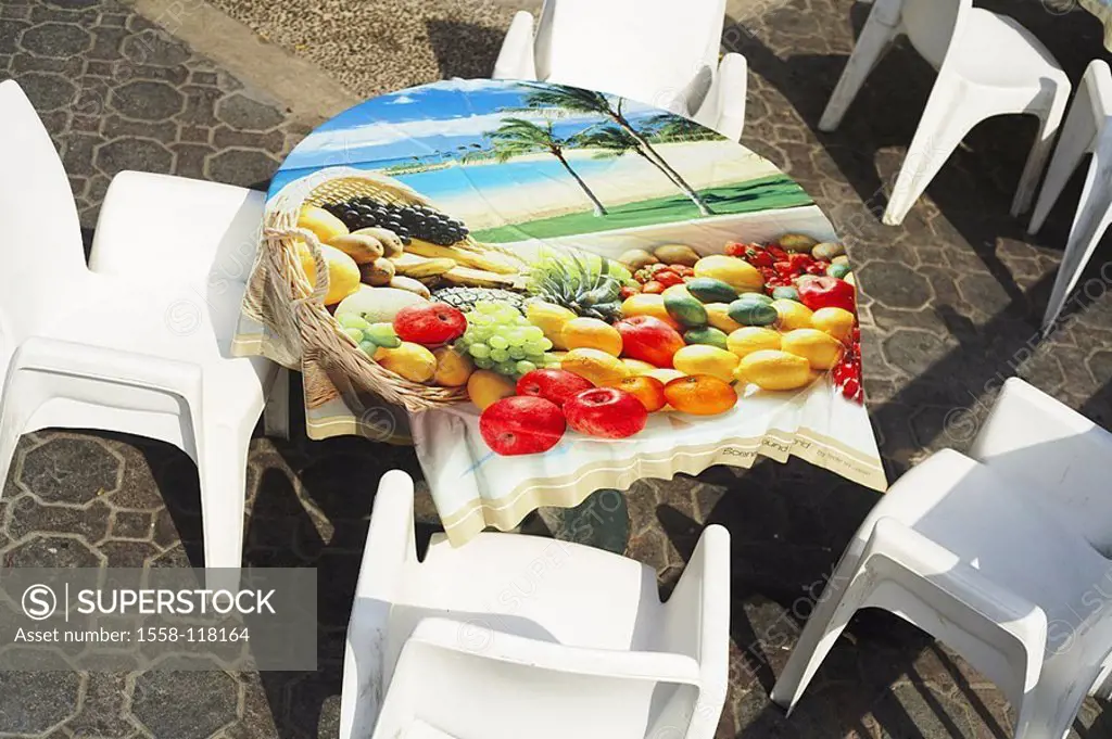 Terrace, chairs, table, tablecloth, imprint, palm-beach, fruit-basket, restaurant-terrace, garden-furniture, plastic-chairs, dining table, approximate...