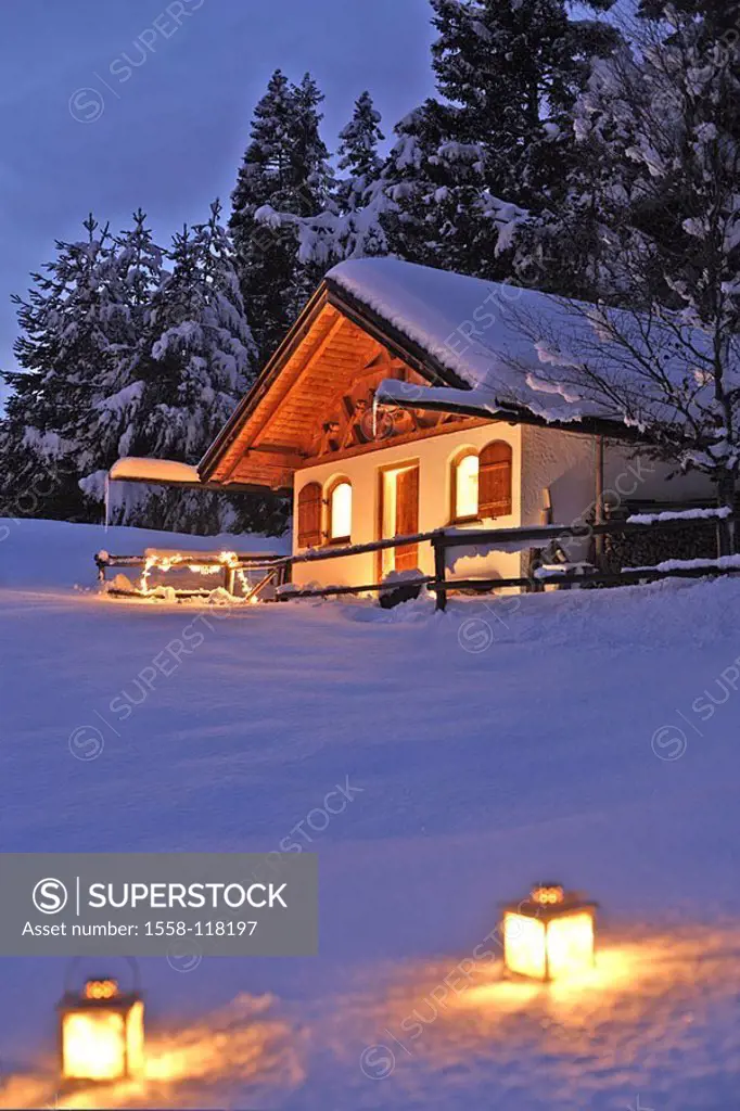 Winter-landscape, forest-edge, cottage, Lichterkette, Christmas-decoration, snow, lanterns, evening, landscape, trees, snow, winters, wood-cottage, mo...