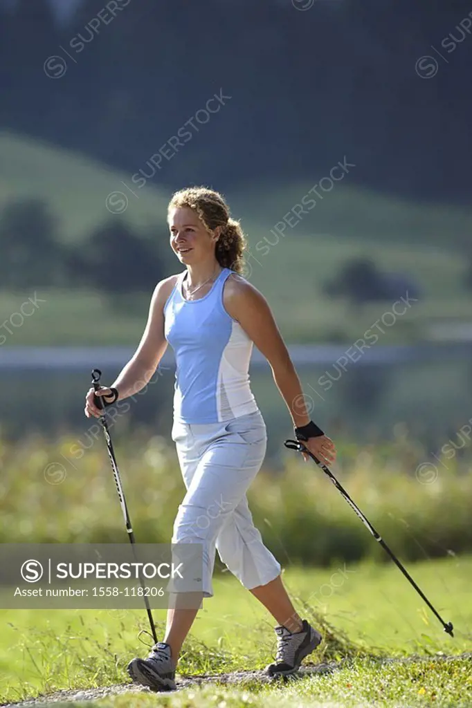 Woman, young, sport, fitness, Nordic Walking, 20-30 years, nature, leisure time, activity, hobby, movement, balance, outside, fat-combustion, quite-bo...