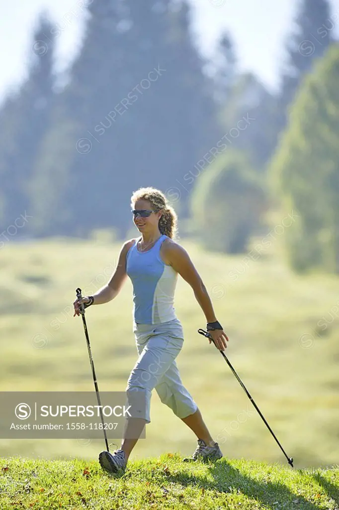 Woman, young, sport, fitness, Nordic Walking, 20-30 years, nature, leisure time, activity, hobby, movement, balance, outside, fat-combustion, quite-bo...