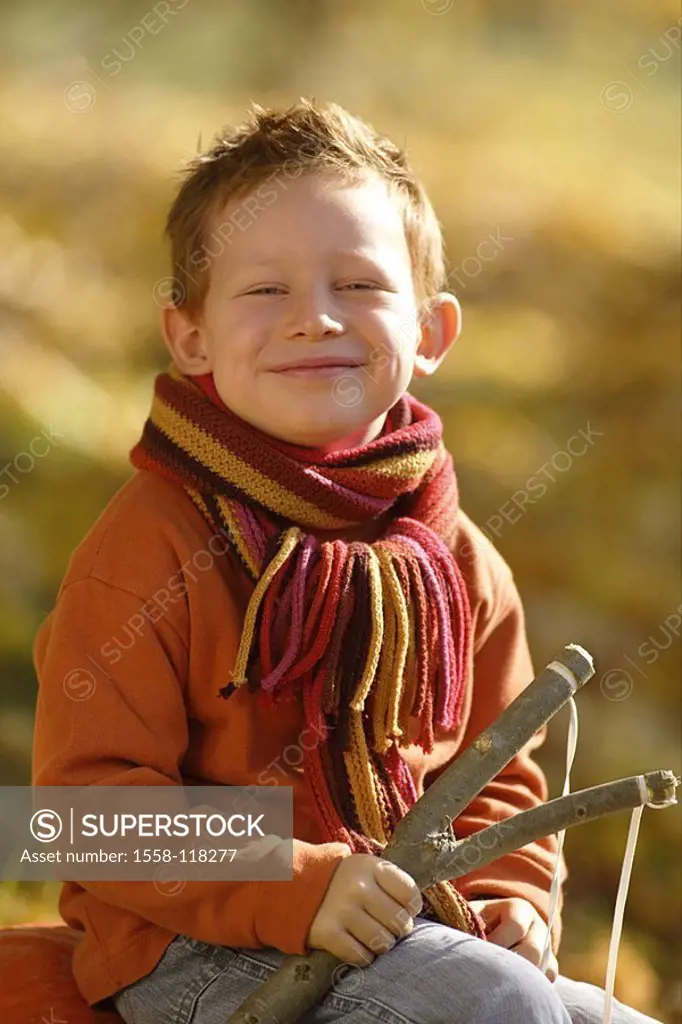 Give birth, catapult, sits, outside, cheerfully, smiles, gaze camera, semi-portrait, child, 5-8 years, louse-jack, scoundrel, red-hairy, brats, archly...