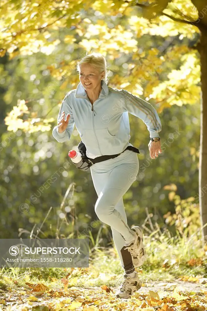 Woman, sport, fitness, running, forest, 30-40 years, blond, athletically, sportswear, outside, nature, activity, movement, endurance, condition, Joggi...