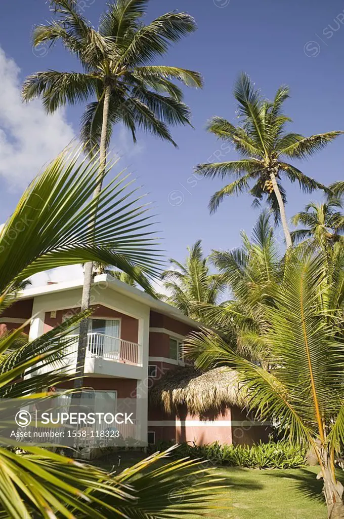 Dominican republic, hotel, palm-garden, detail, Caribbean, big Antilles, island, hotel-installation, buildings, garden, palms, symbol, vacation, summe...