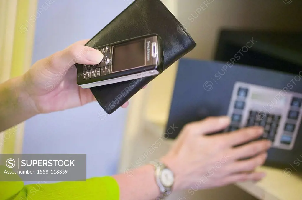 Woman, detail, hands, purse, opens people cell phone, safe, series, hotel-safe safe pay-field women-hands buttons, operates, symbol, security, theft-p...