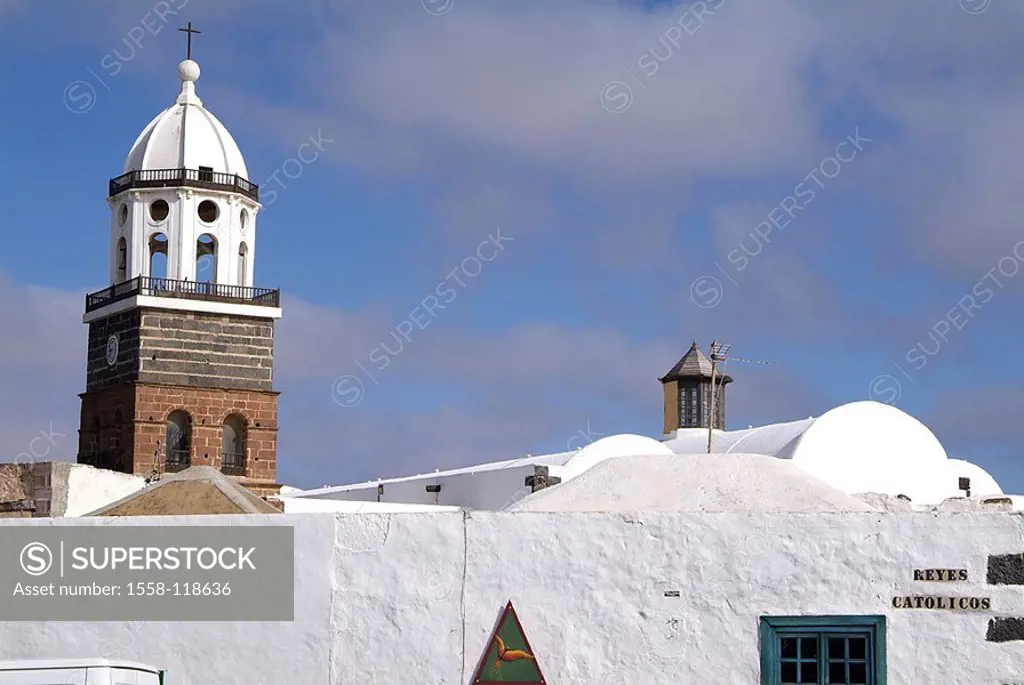 Spain, Canaries, island Lanzarote, Teguise, houses, steeple, detail,