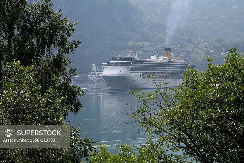 Norway, More og Romsdal, Geirangerfjord, cruise-ship, Costa Atlantica, trees, detail,