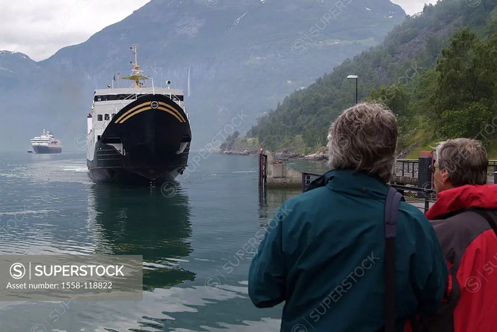 Norway, More og Romsdal, Geirangerfjord, ferry, tourists, back-opinion,