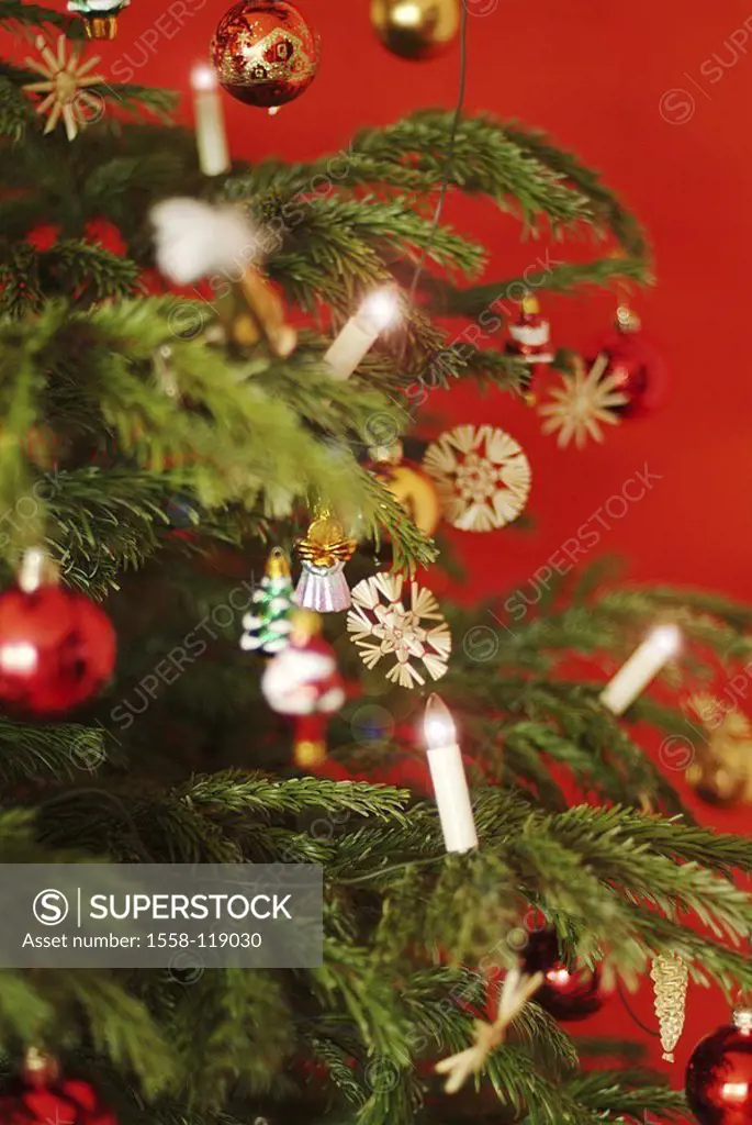 Christmas, Christian-tree, close-up, fir-branches, Christian-tree-balls, straw-stars, Christian-tree-candles electrically, fir-tree, detail, branches,...