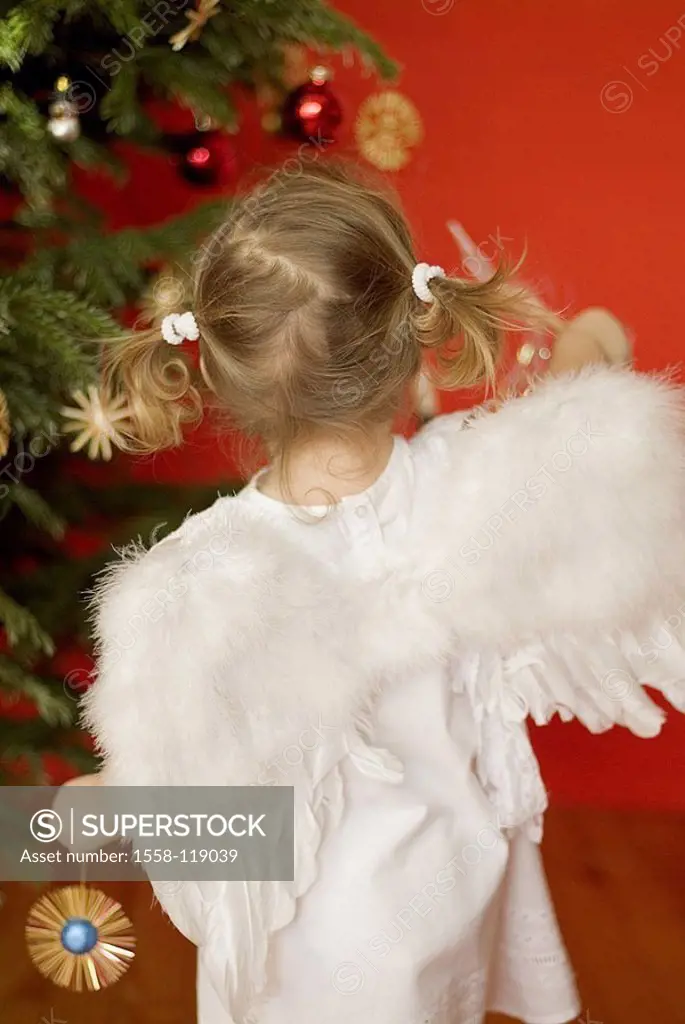 Christmas, child, girls, braids, little dress, angel-wings, back-opinion, ´Christmas-angels´, Christian-tree, people, toddler, 2-4 years, wings, outfi...