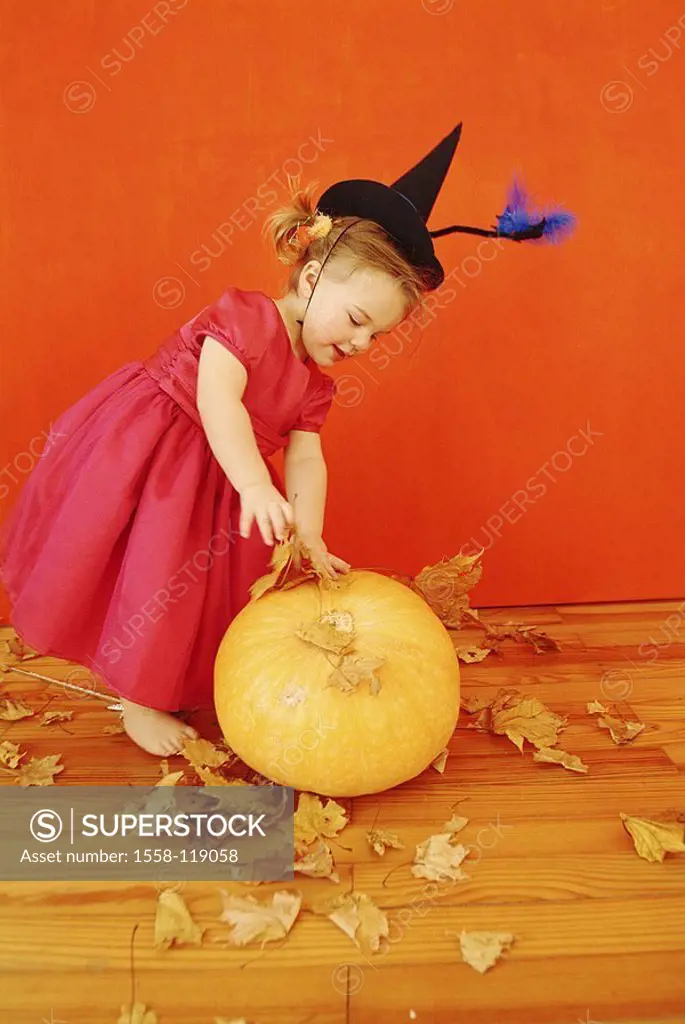 Halloween, child, girls, dress pink, witch-hat, ´small witch´, pumpkin, plays fall foliage, people toddler 2-4 years headgear hat, magic-hat, barefoot...