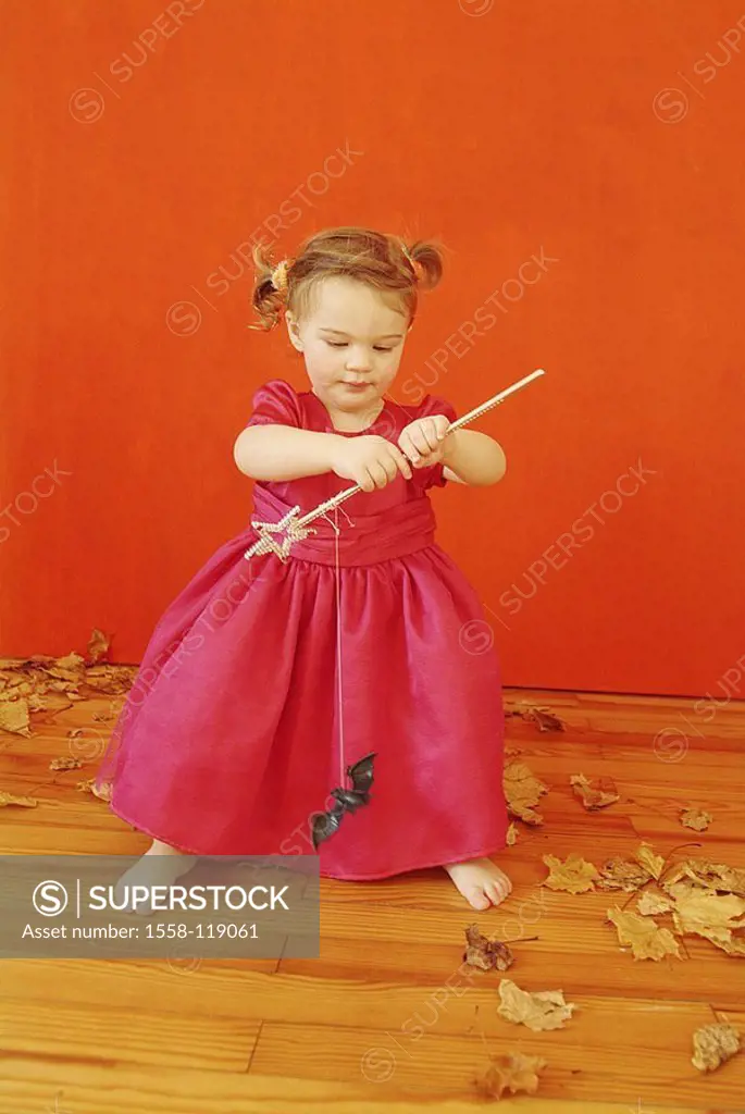 Halloween, child, girls, dress pink, ´small witch´, plays, magic wand, rubber-animal ´bat´ fall foliage people toddler 2-4 years, braids, barefoot, ch...