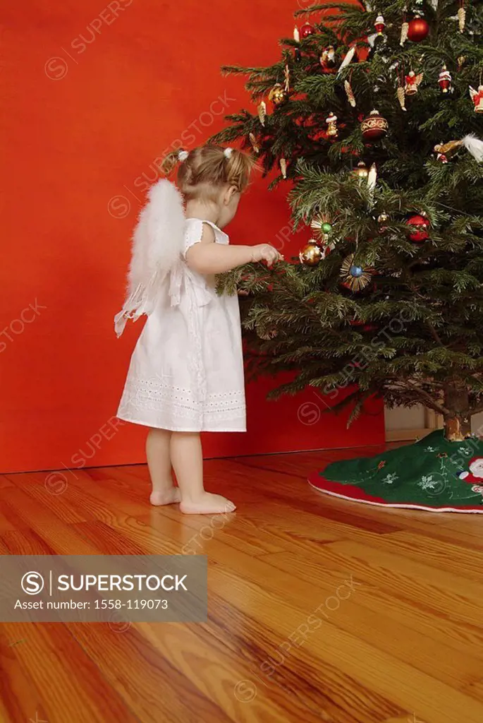 Christmas, child, girls, braids, little dress, angel-wings, side-opinion, ´Christmas-angels´, Christian-tree, people, toddler, 2-4 years, wings, baref...