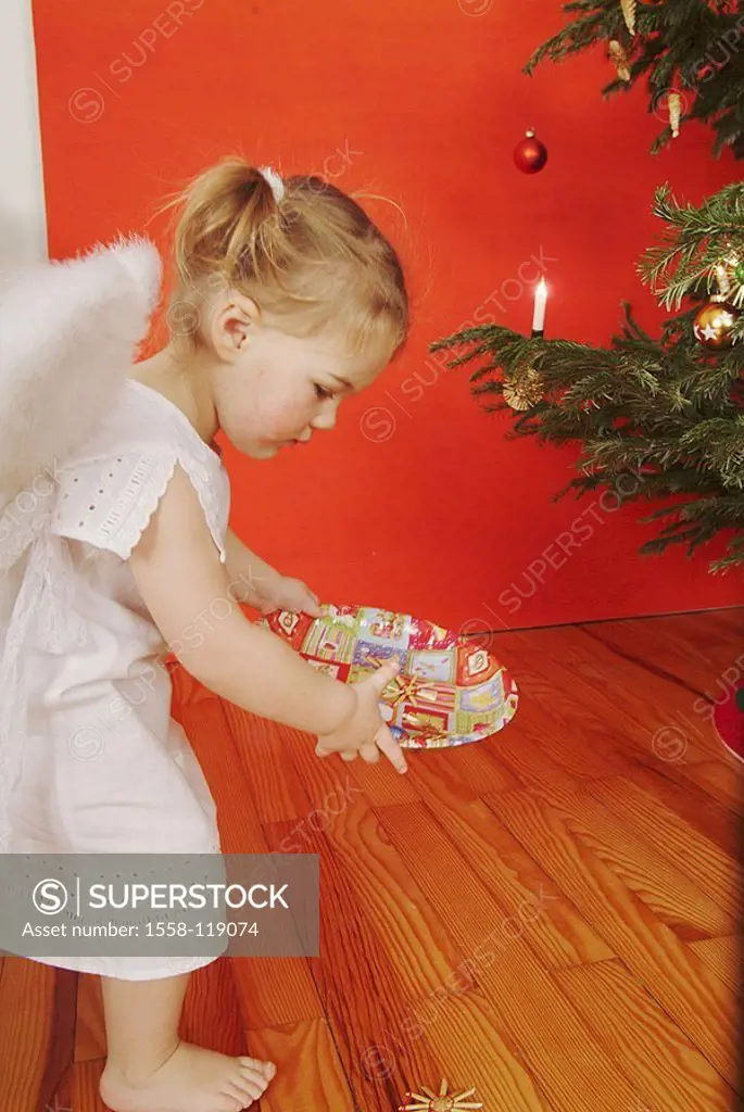 Christmas, child, girls, braids, little dress, angel-wings, side-opinion, ´Christmas-angels´, Christmas-plates, people, toddler, 2-4 years, cutely, wi...