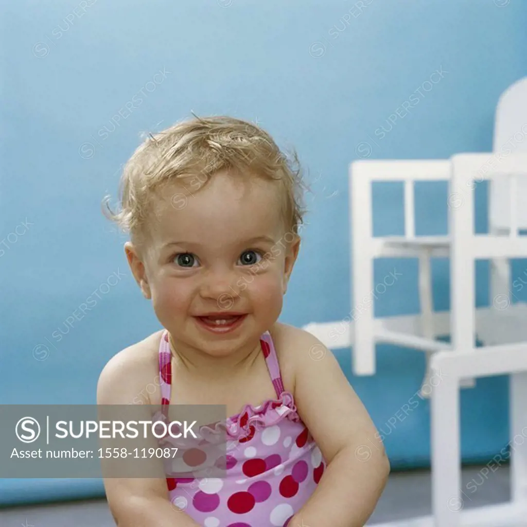 Toddler, girls, swimsuit, laughs, semi-portrait, series, people, child, 9 months, bath-clothing, gaze camera, eye-color blue, milk-teeth, edge-teeth, ...