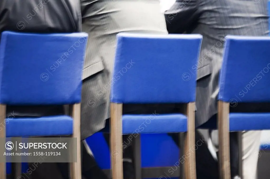 Chairs, blue, managers, sits, back-opinion, detail, people, hall, lecture, Bestuhlung, seat-rows, men, suits, side by side, symbol, work, business, di...