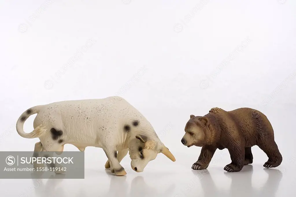 Plastic-figures, bull, bear, symbol, finance-market, economy, stock exchange, toy, figures, symbol, finances, share prices, stock market prices, boom,...