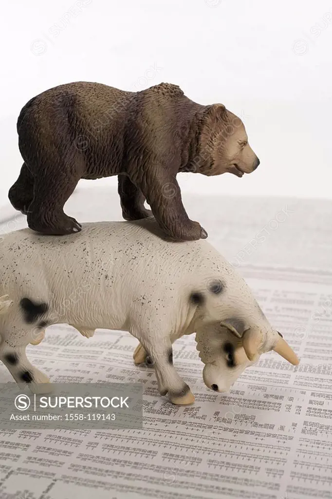 Stock market report, plastic-figures, bull, bear, symbol, finance-market, economy, stock exchange, toy, figures, one on the other, newspaper, share pr...