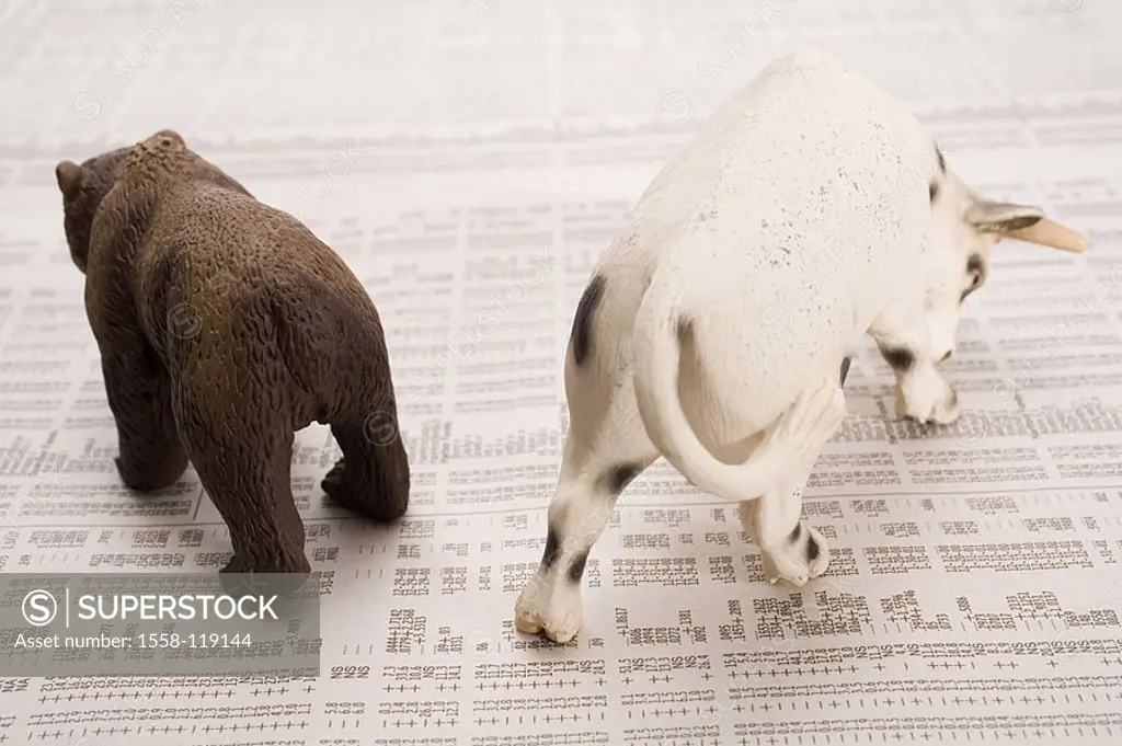 Stock market reports, plastic-figures, bull, bear, symbol, finance-market, economy, stock exchange, toy, figures, symbol, finances, newspaper, share p...