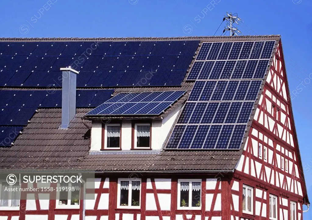 Timbering-house, house-roof, sun-collectors, house, residence, roof, solar-cells, collectors, Photovoltaikanlage, Photovoltaik, tramp-generation, sola...