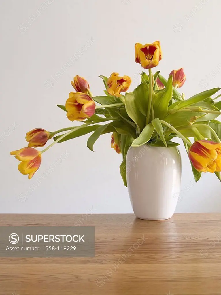 Wilts wood-table, flower-vase, tulip-bouquet, yellow-red, vase, flowers, flower-bouquet cut-flowers lily-plants tulip-blooms tulips, blooms, prime, or...