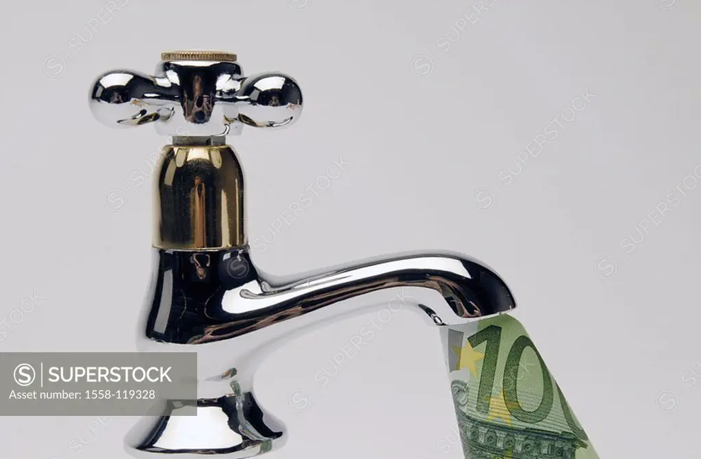 Faucet, Euro-bill, detail, armature, cock, bill, Euro, hundred-Euro-appearance, symbol, water-costs, costs, extra expenses, concept, waste, waste of m...