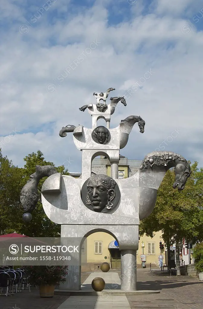 Germany, Baden-Württemberg, Bietigheim-Bissingen, Hillerplatz, art, sculpture, ´tower of the horrors horses´, city, Bietigheim, villa Visconti, place,...
