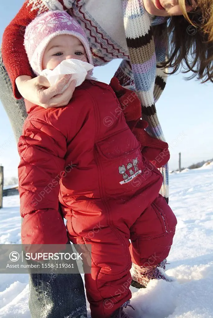 Family, cheerfully, mother, child, nose, tissue, cleans snow, walk winters people two common plays woman winter-clothing, cold, single parents head co...