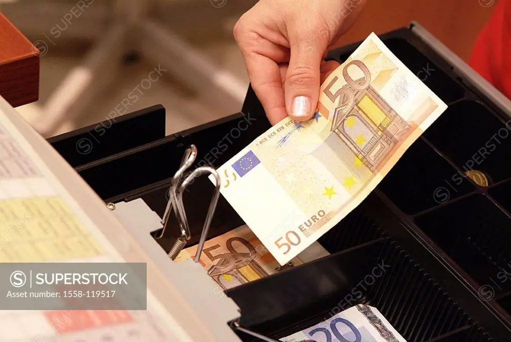 Cash register, woman, detail, hand, compartment, 50-Euro-seems classifies, economy, trade, retails, business, cash register, revenues, money, cash, ap...