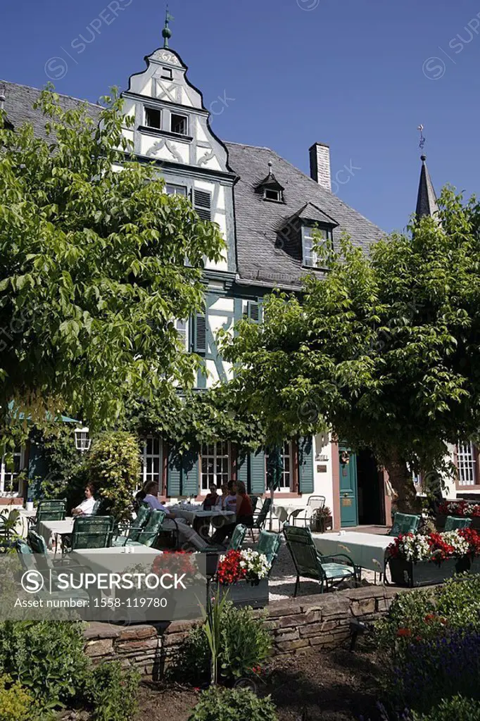 Germany, Hesse, Rhine-district, Oestrich-Winkel, hotel swan, terrace, guests, flowers, detail,