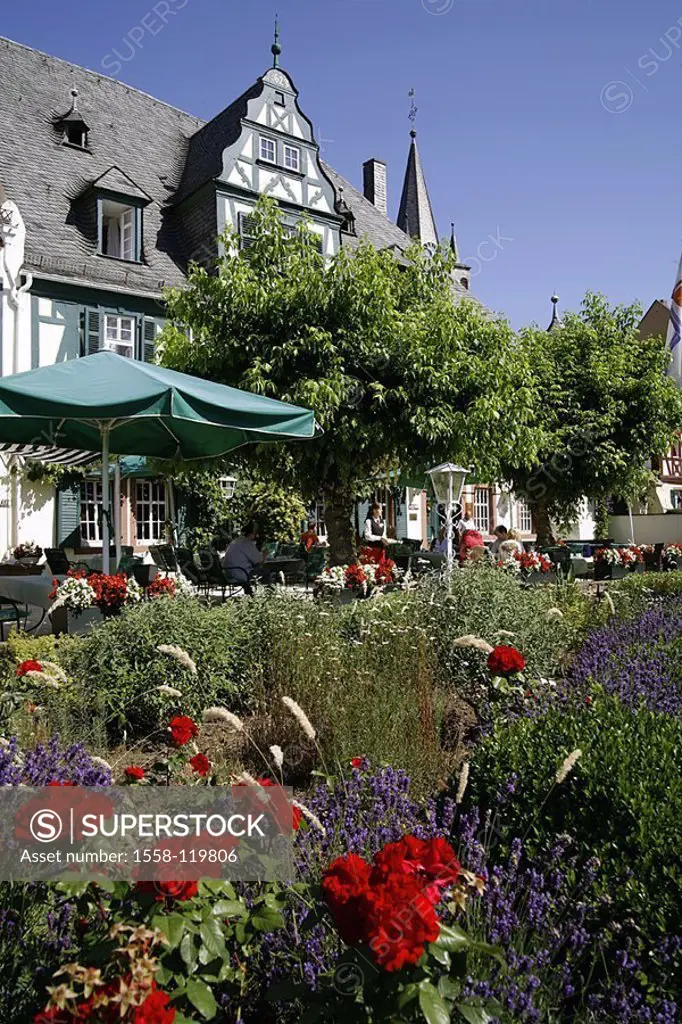 Germany, Hesse, Rhine-district, Oestrich-Winkel, hotel swan, terrace, guests, flowers, detail,