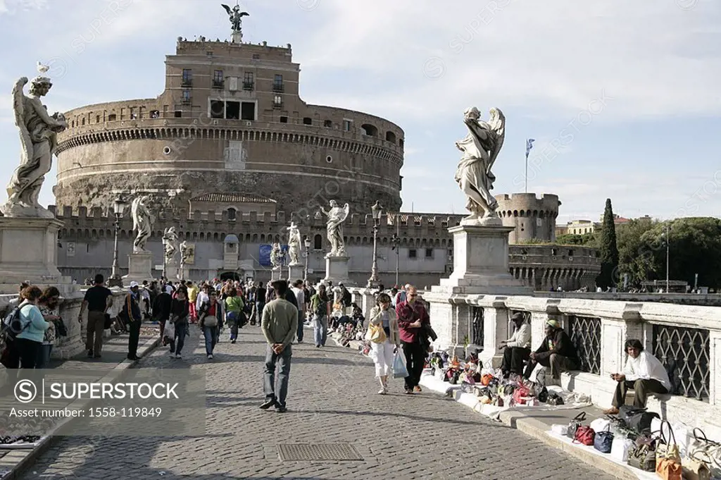 Italy, Rome, angel-castle, angel-bridge, tourists, hawkers,