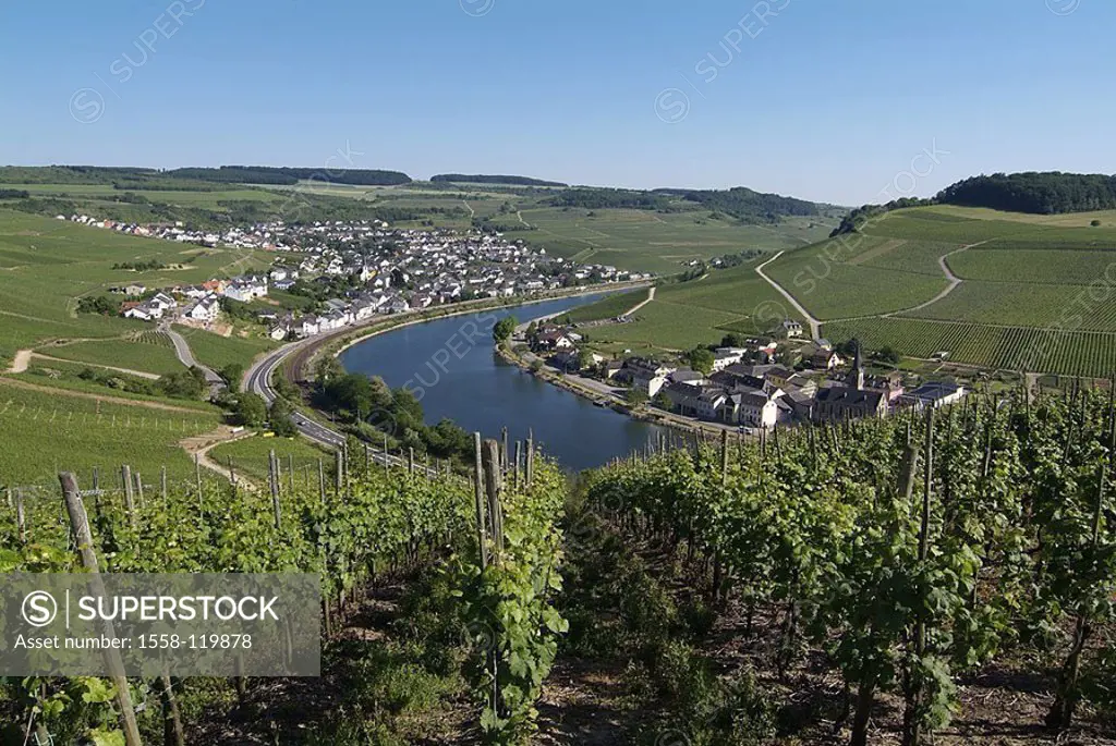 Germany, Rhineland-Palatinate, Moselle-valley, Nittel, river Moselle, mach-hood, Luxembourg, wine-growing,