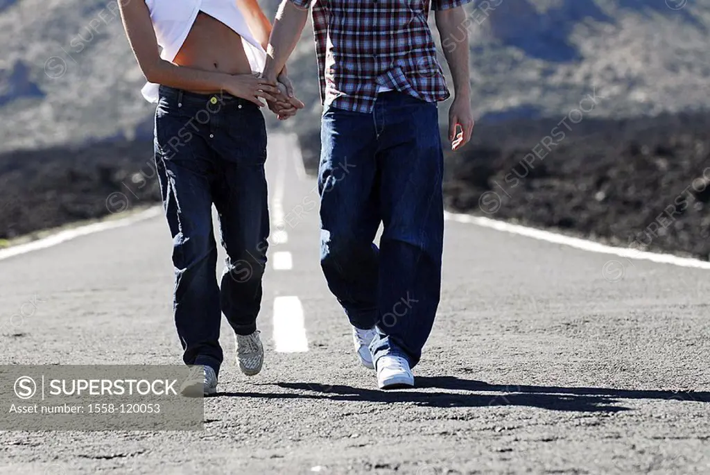 Spain, Canaries, island Tenerife, read Canadas country road pair young hand in hand, goes, detail,