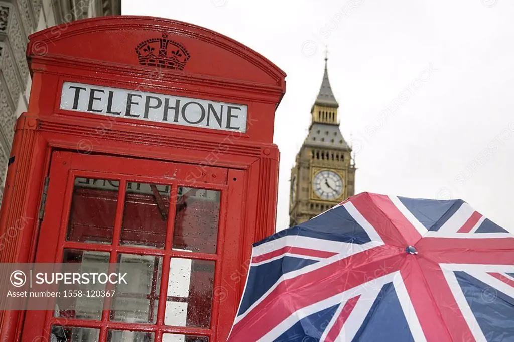 Great Britain, England, London, umbrella, telephone booth, Big Ben, detail,