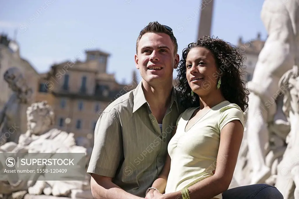 Italy, Rome, piazza Navona, pair, young, embrace, semi-portrait,