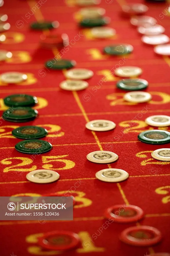 Casino, gamble, roulette, card table, Jetons, detail,