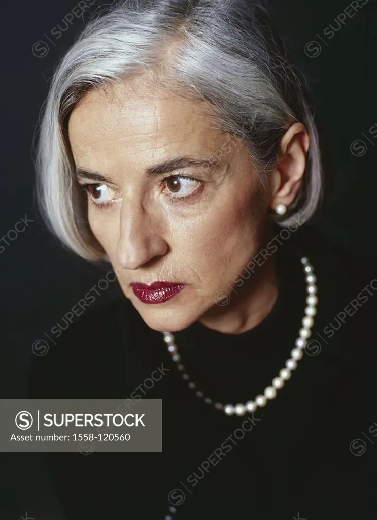 Senior, grey-haired, turtlenecks, black, pearl-chain, seriously, portrait, studio, woman, 50-60 years, 60-65 years, well Age, face, gray hair, short-h...