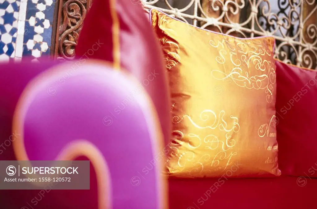 Sofa, leather, purple, pillows, red, golden, detail, inner-equipment, furniture, furniture, design, piece of furniture, exclusivity, been canceled, el...