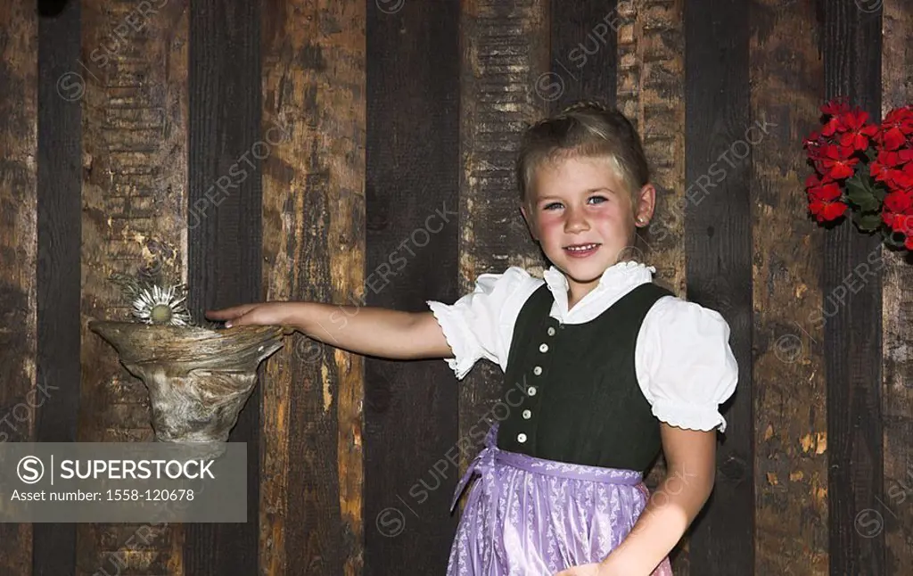 Wood-cottage, girls, Dirndel, gaze camera, smiles, semi-portrait, series, people child 5 years blond official dress, wood-wall, root, plant, silver-th...