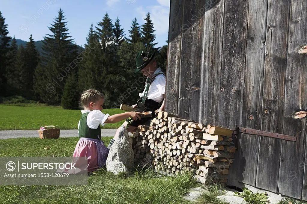 Wood-cottage, girls, boy, official dress, firewood, stacks, series, people, children, 5 years, 7 years, Dirndel, leather shorts, aspiration-hat, barns...