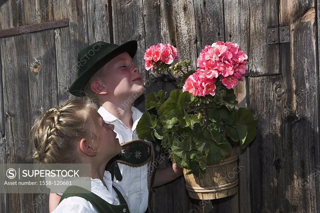 Wood-cottage, girls, boy, official dress, flowers, views, detail, series, people, children, 5 years, 7 years, Dirndel, leather shorts, aspiration-hat,...