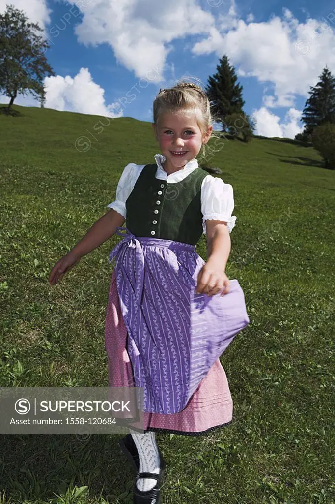 Girls, Dirndl, mountain-meadow, runs, cheerfully, series, people, child, 5 years, official dress, movement, gaze camera, happily, joy, childhood freel...