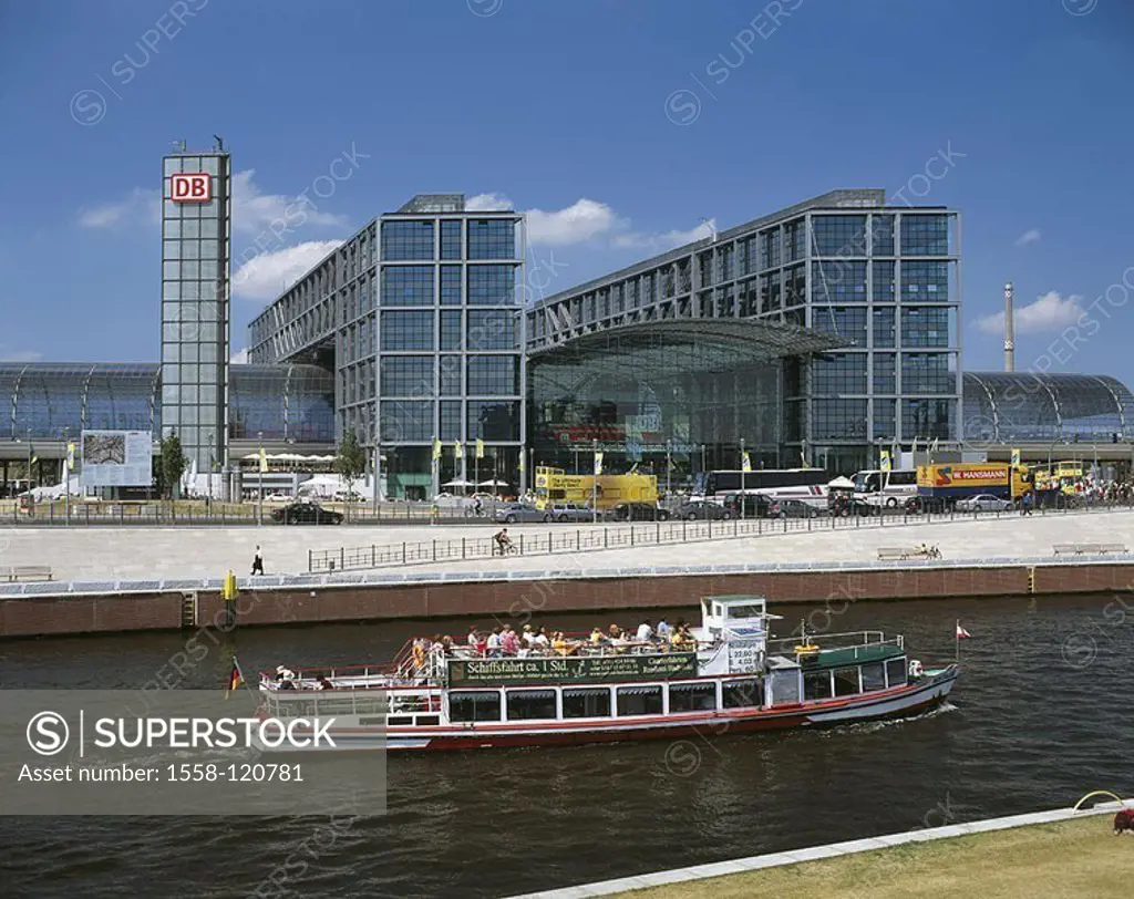 Germany, Berlin, models trip-boat, city, capital, buildings, traffic, transportation, main train station, Spree, Lehrter railway station, reconstructi...
