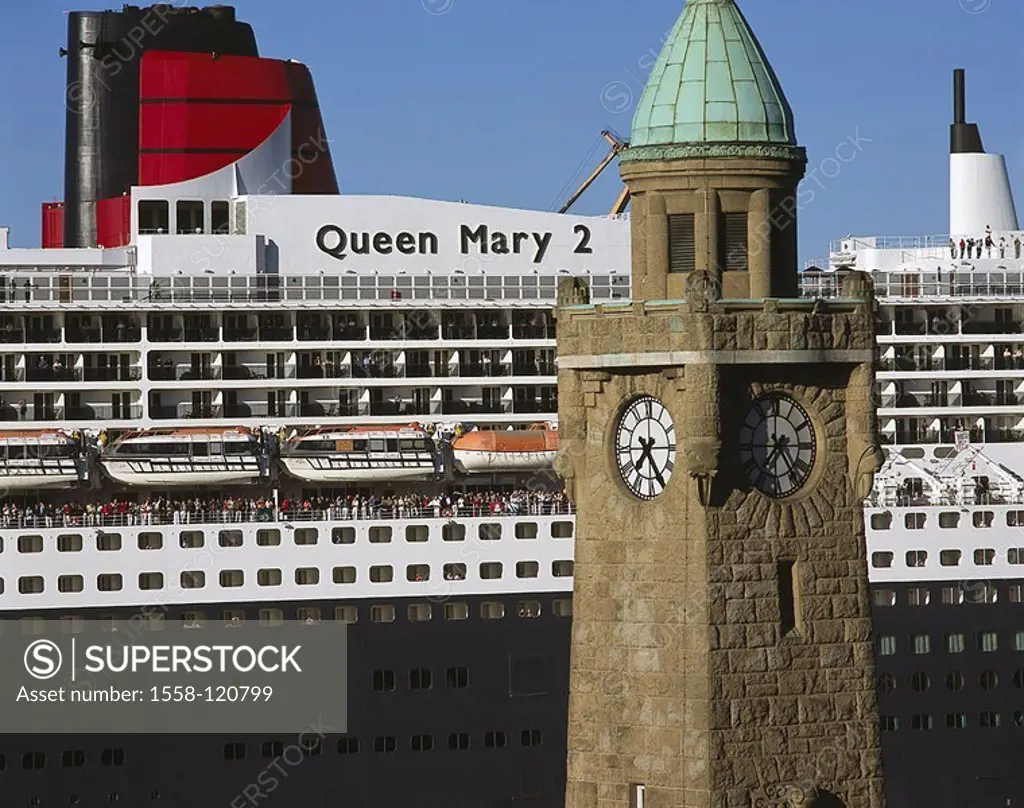 Germany, Hamburg, St  Pauli piers, clock-tower, harbor, cruise-ship ´Queen Mary 2´ detail city Hanseatic town Elbe, landing place, ship, liner, cruise...