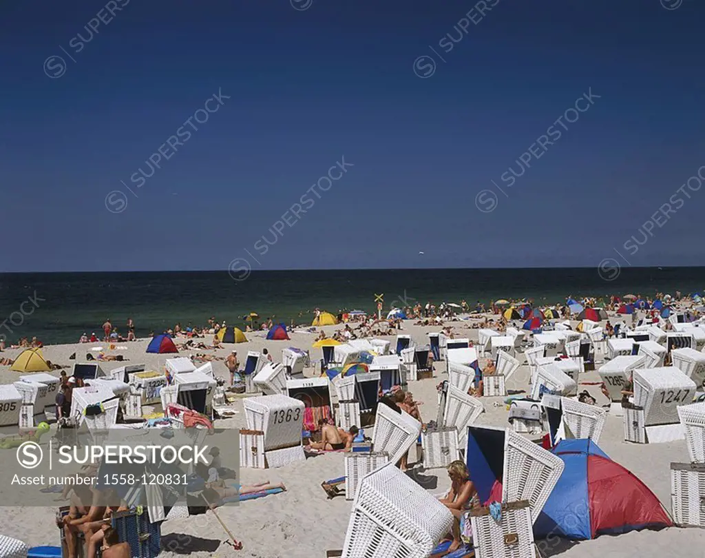 Germany, Schleswig-Holstein, North sea, island Sylt, Westerland, beach, tourists, wicker beach chairs, island, North Sea*-island, Frisian islands, Nor...