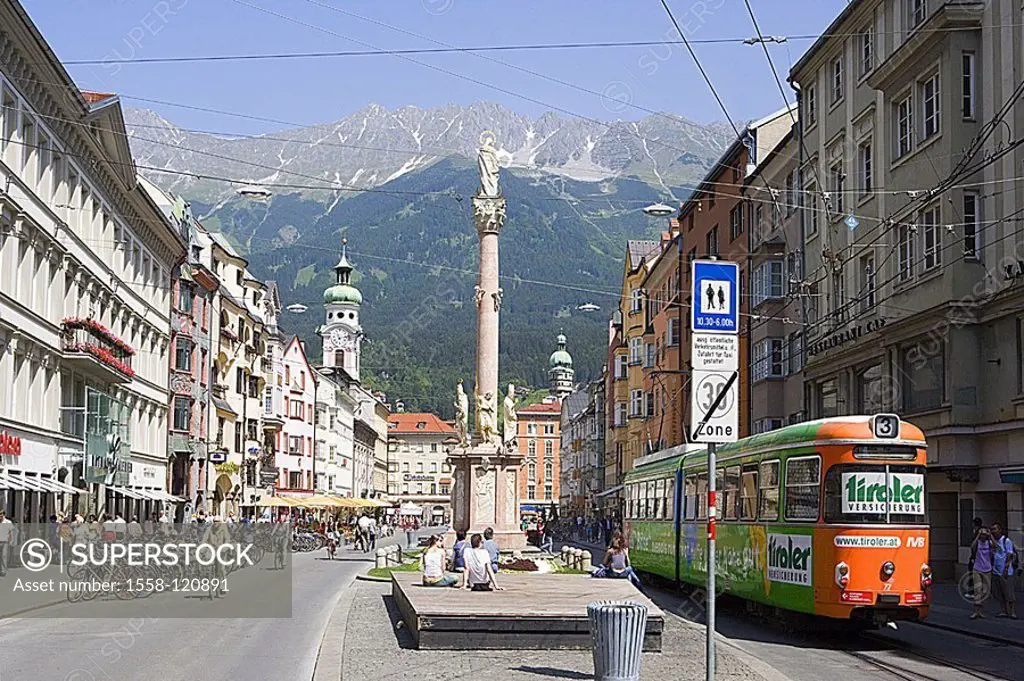 Austria, Tyrol, Innsbruck, Maria-Theresien-Straße, Anna-column, streetcar, Europe, Inntal, North-Tyrol, city, sight, street, houses, buildings, church...